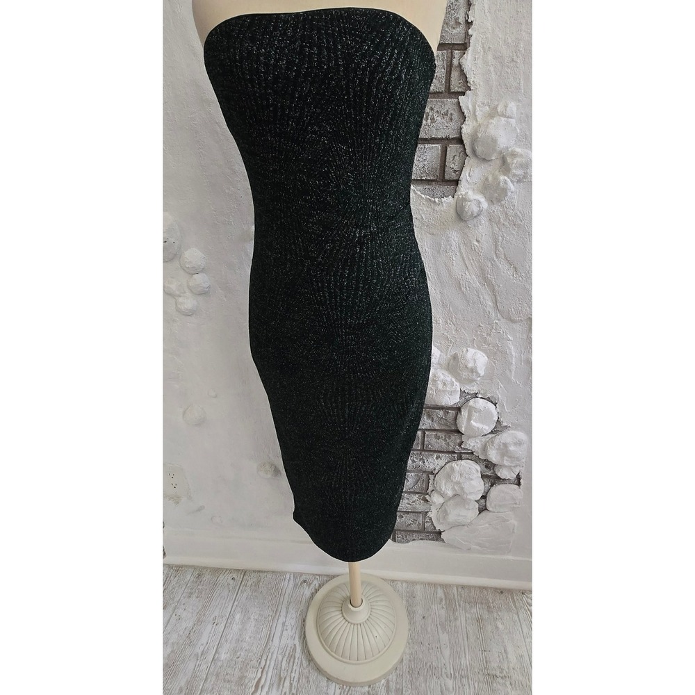 Trixxi Metallic Knit Strapless Midi Dress Emerald Green Silver Sparkly Bodycon